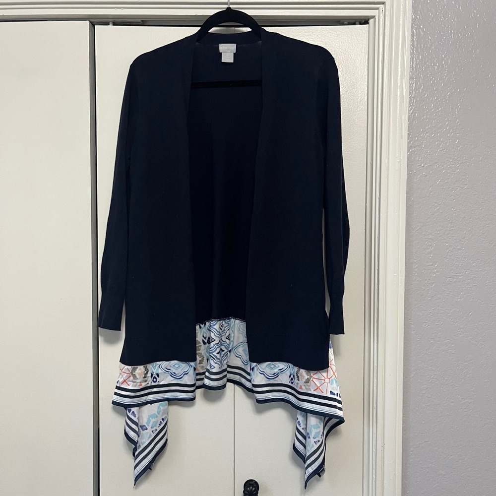 Chicos Cardigan Top Layer Navy Blue Scarf Hem Tunic Size 0 S